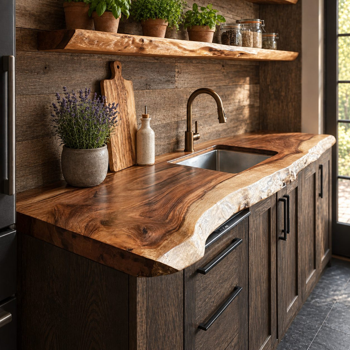 Wavy Front Live Edge Kitchen Countertop, Solid Wood Wall Counter Slab for Sink Run, 47-100 Inch