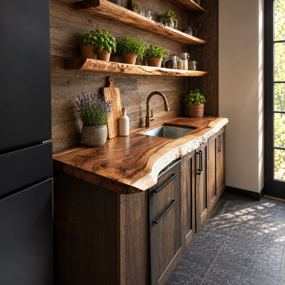 Wavy Front Live Edge Kitchen Countertop, Solid Wood Wall Counter Slab for Sink Run, 47-100 Inch