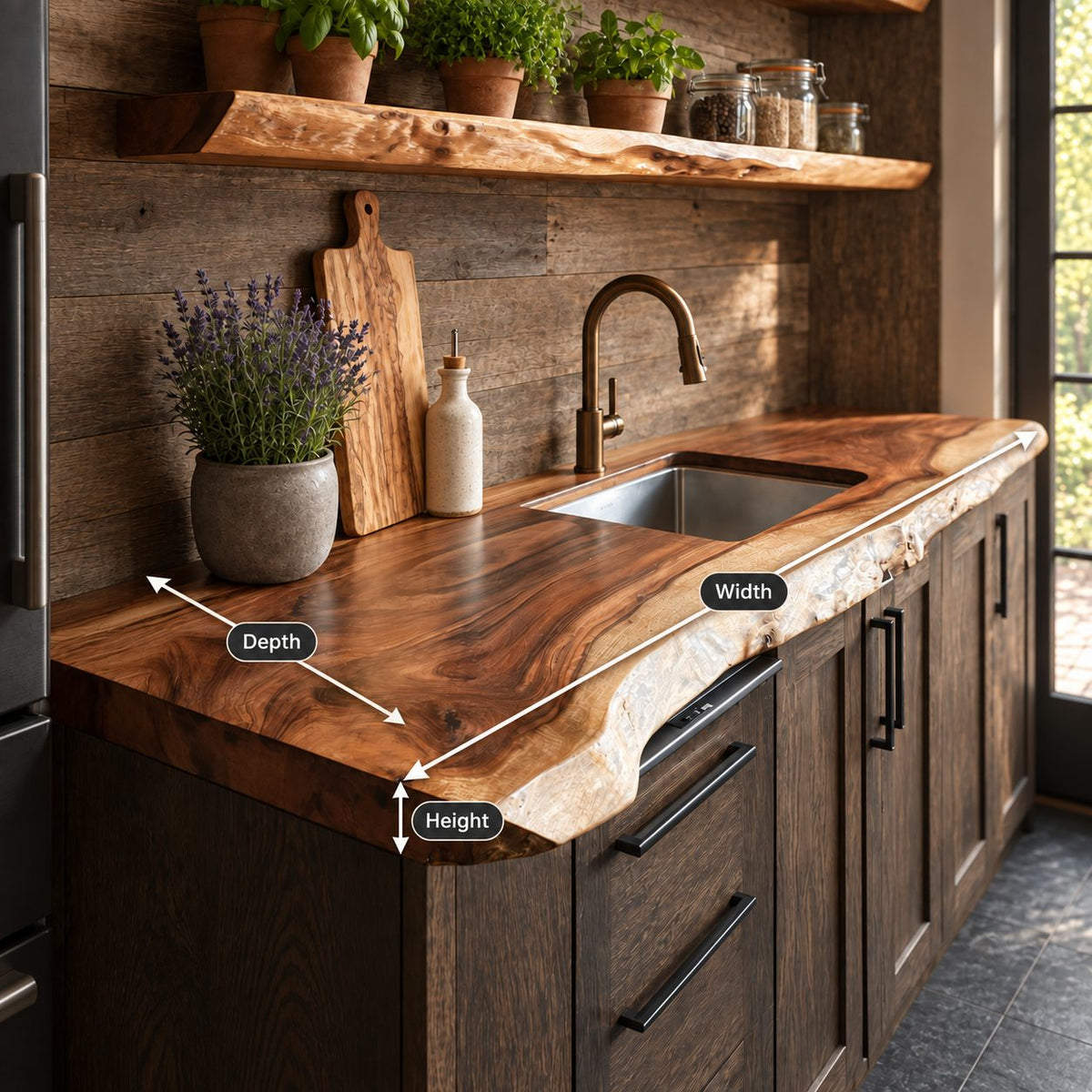 Wavy Front Live Edge Kitchen Countertop, Solid Wood Wall Counter Slab for Sink Run, 47-100 Inch