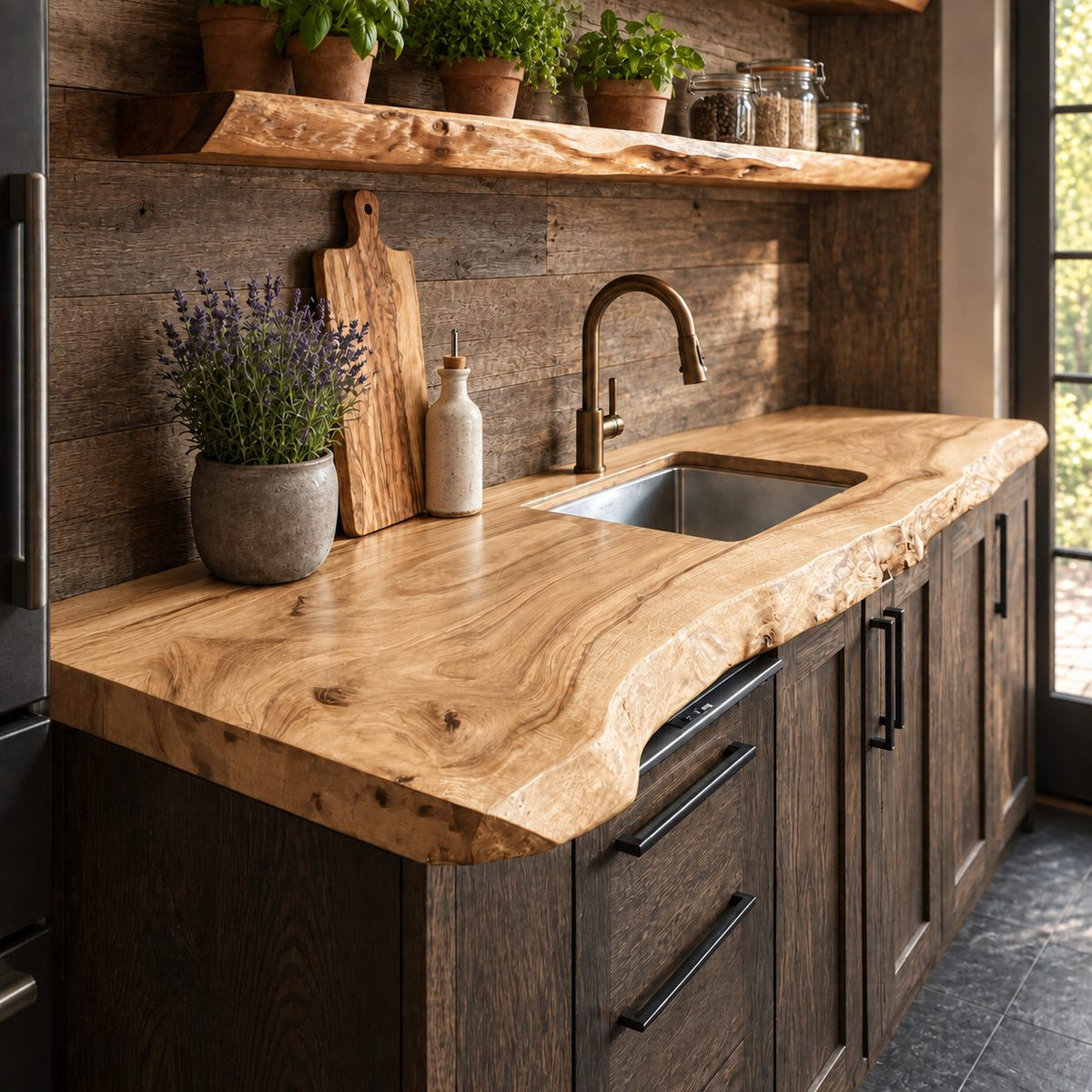 Wavy Front Live Edge Kitchen Countertop, Solid Wood Wall Counter Slab for Sink Run, 47-100 Inch