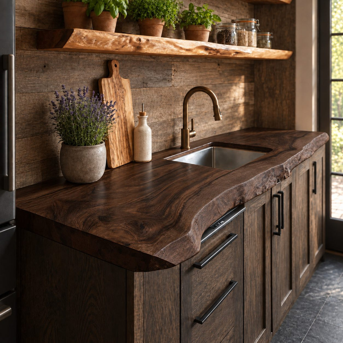Wavy Front Live Edge Kitchen Countertop, Solid Wood Wall Counter Slab for Sink Run, 47-100 Inch