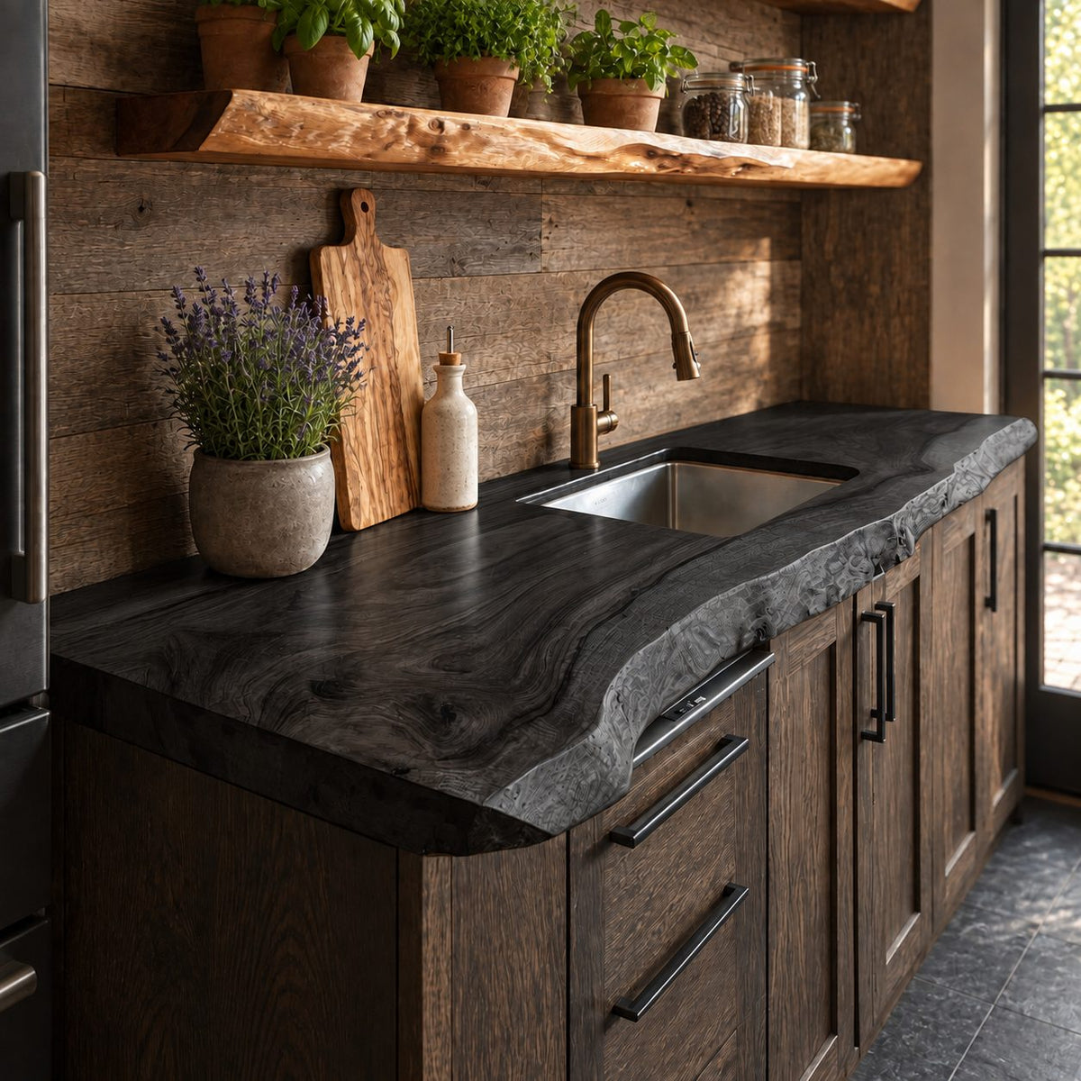 Wavy Front Live Edge Kitchen Countertop, Solid Wood Wall Counter Slab for Sink Run, 47-100 Inch