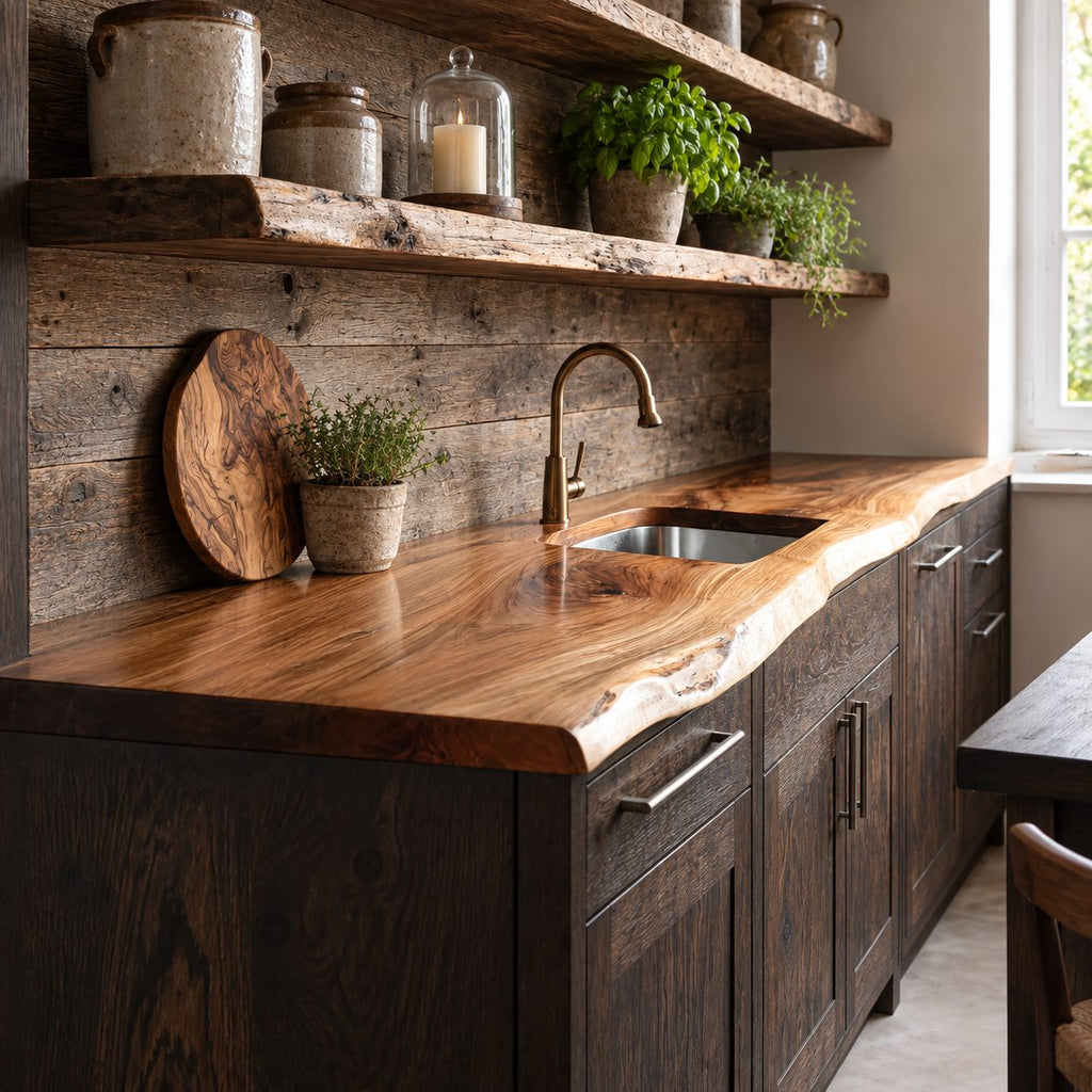 Rounded Lip Live Edge Kitchen Counter Slab, Solid Wood Perimeter Countertop for Sink Wall, 47-100 Inch