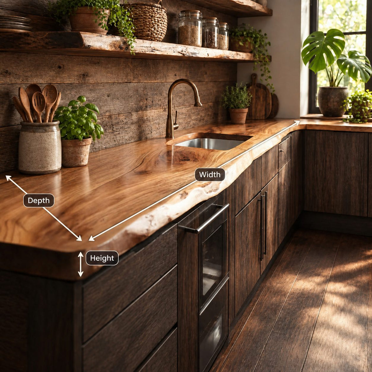 Flowing Edge Kitchen Counter Slab, Live Edge Solid Wood Countertop for Long Galley Wall, 47-100 Inch
