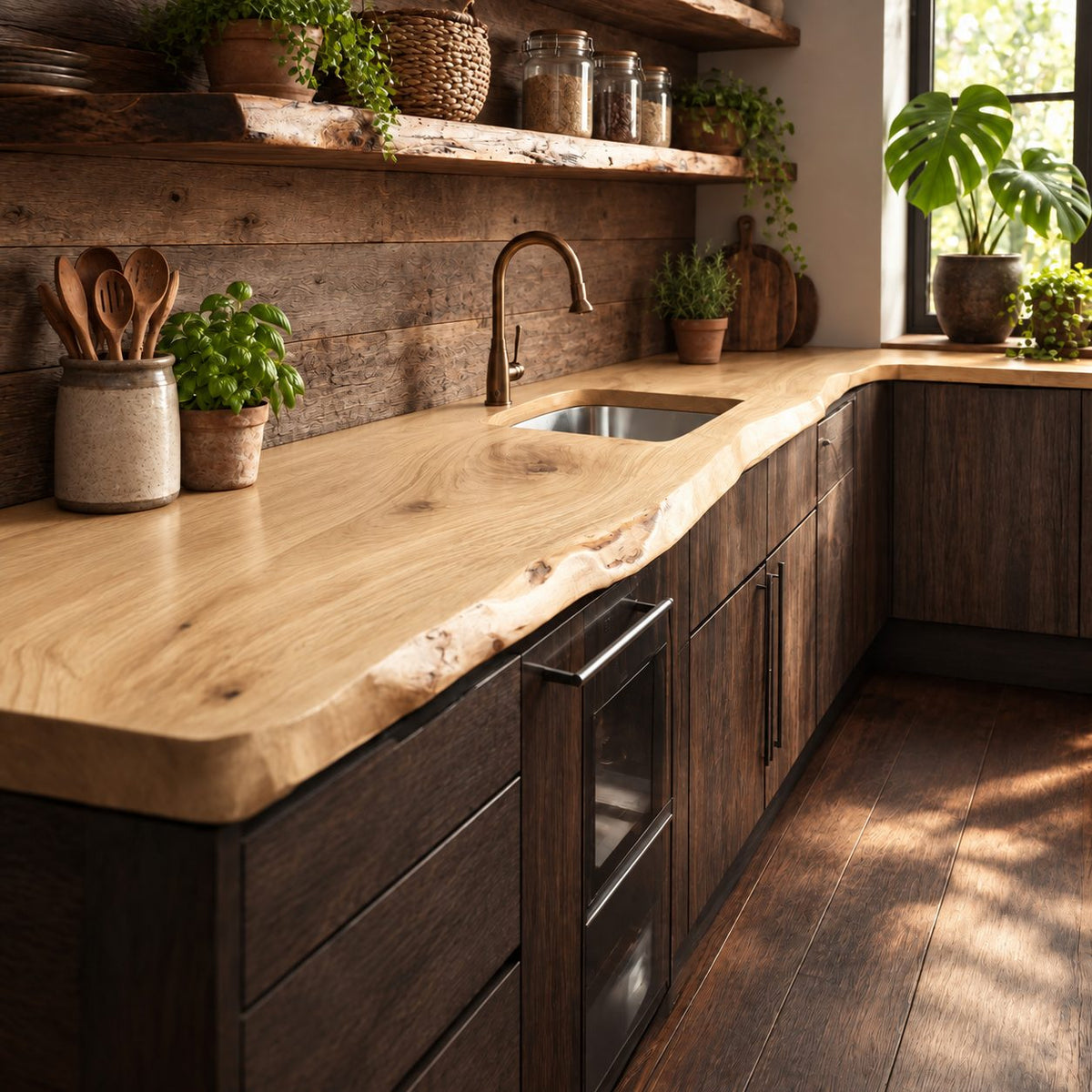 Flowing Edge Kitchen Counter Slab, Live Edge Solid Wood Countertop for Long Galley Wall, 47-100 Inch