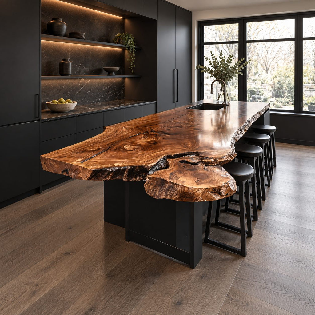 Lobed Burl Live Edge Island Countertop, Free-Form Solid Wood Slab with Rounded Overhang, 47-100 Inch