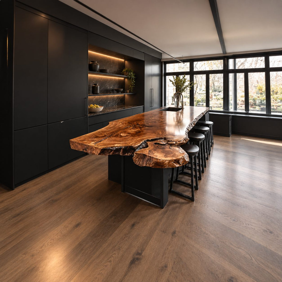 Lobed Burl Live Edge Island Countertop, Free-Form Solid Wood Slab with Rounded Overhang, 47-100 Inch