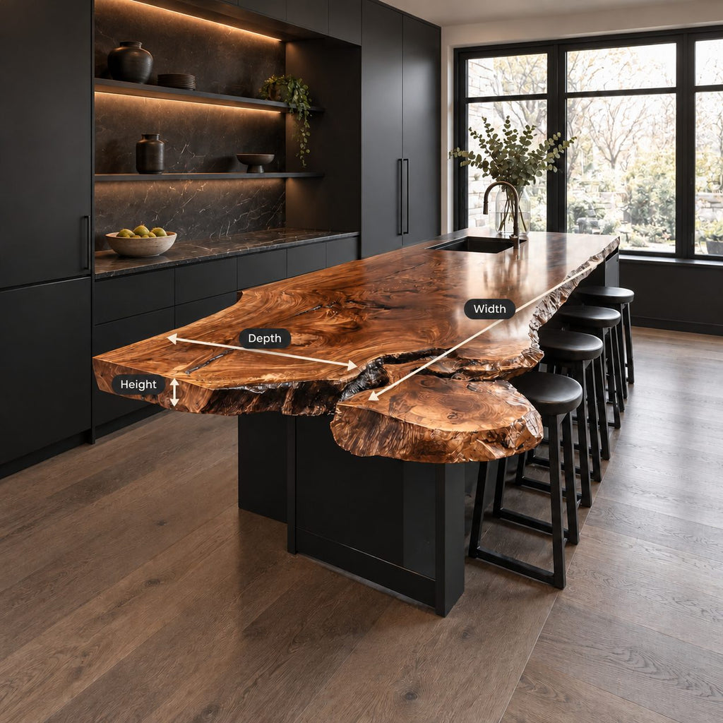 Lobed Burl Live Edge Island Countertop, Free-Form Solid Wood Slab with Rounded Overhang, 47-100 Inch