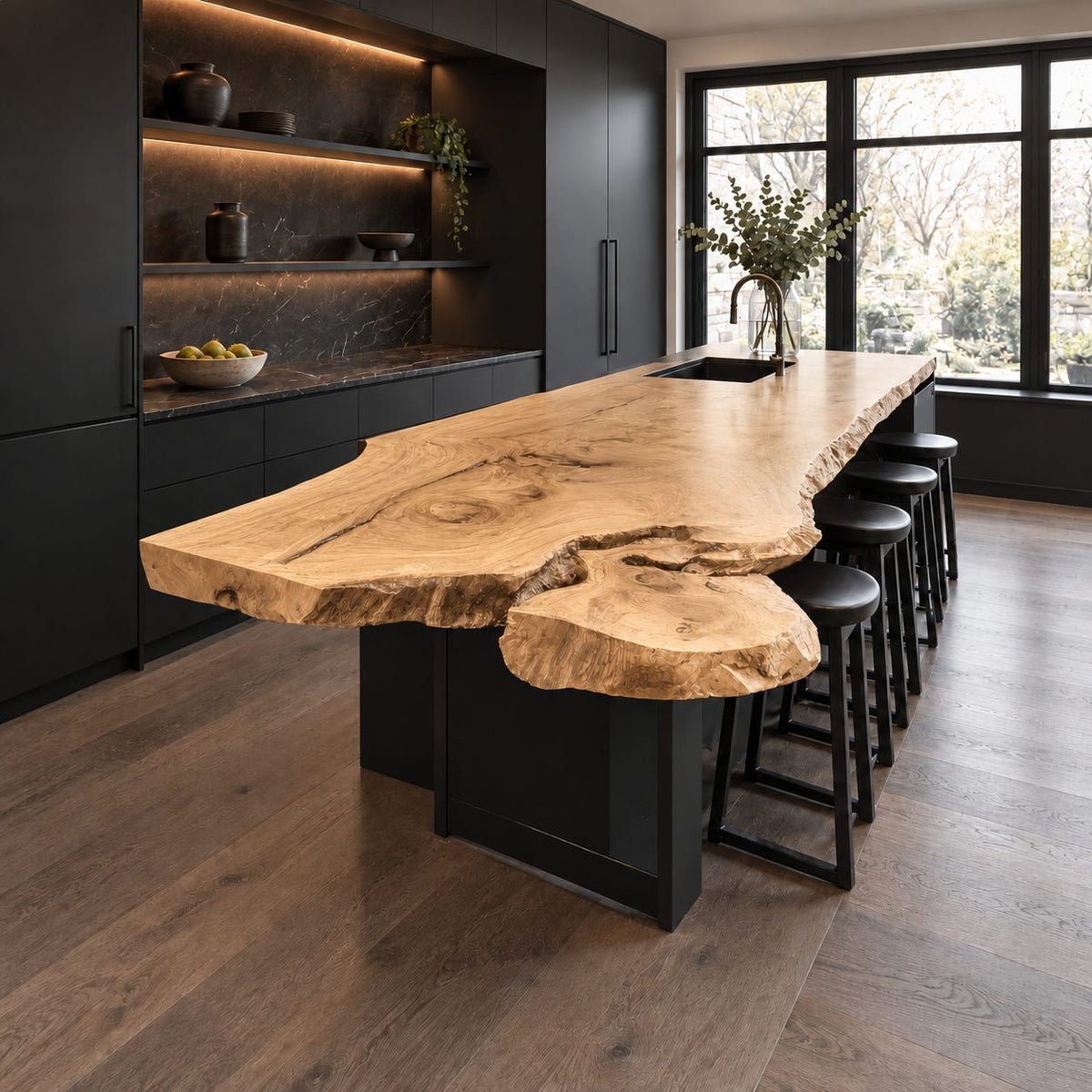 Lobed Burl Live Edge Island Countertop, Free-Form Solid Wood Slab with Rounded Overhang, 47-100 Inch