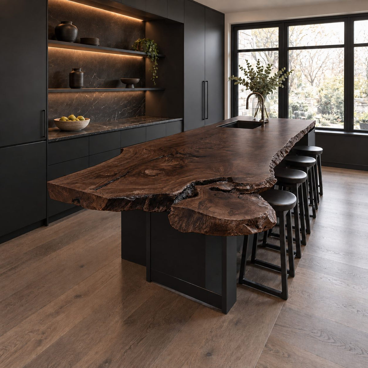 Lobed Burl Live Edge Island Countertop, Free-Form Solid Wood Slab with Rounded Overhang, 47-100 Inch