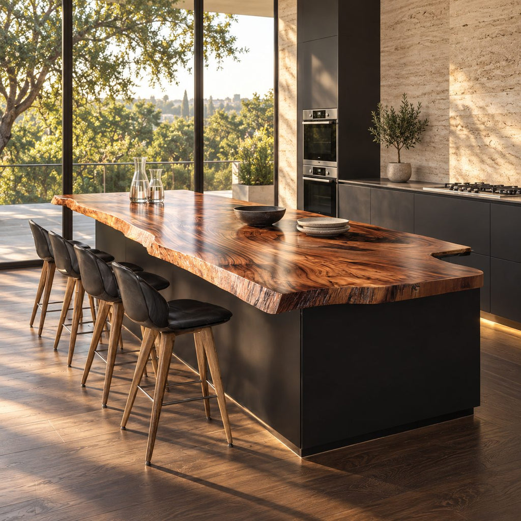 Scalloped Overhang Live Edge Island Top, Swirl Grain Solid Wood Countertop for Bar Seating, 47-100 Inch