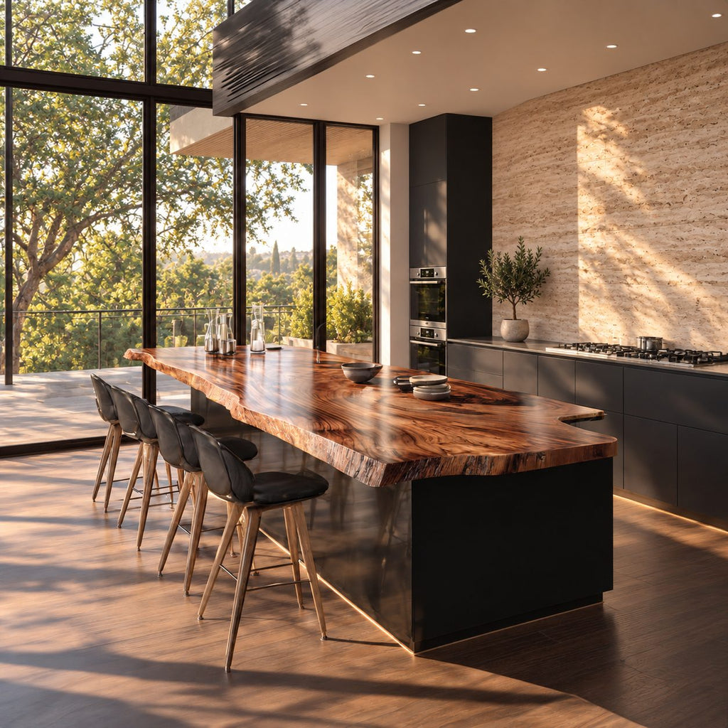 Scalloped Overhang Live Edge Island Top, Swirl Grain Solid Wood Countertop for Bar Seating, 47-100 Inch