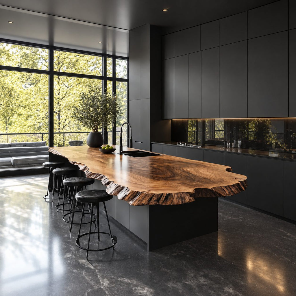 Rippled Bark Edge Kitchen Island Countertop, Long Rounded Solid Wood Slab Top with Natural Edge, 47-100 Inch