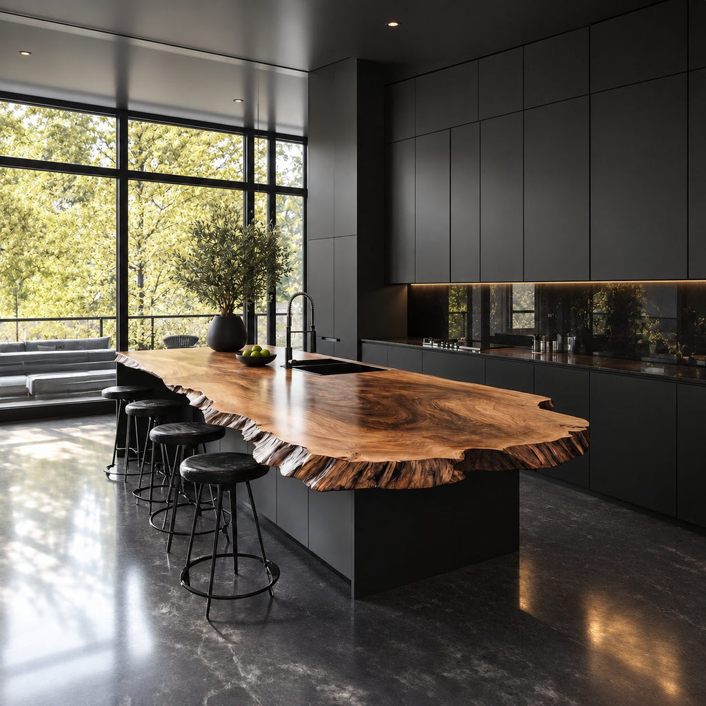 Rippled Bark Edge Kitchen Island Countertop, Long Rounded Solid Wood Slab Top with Natural Edge, 47-100 Inch