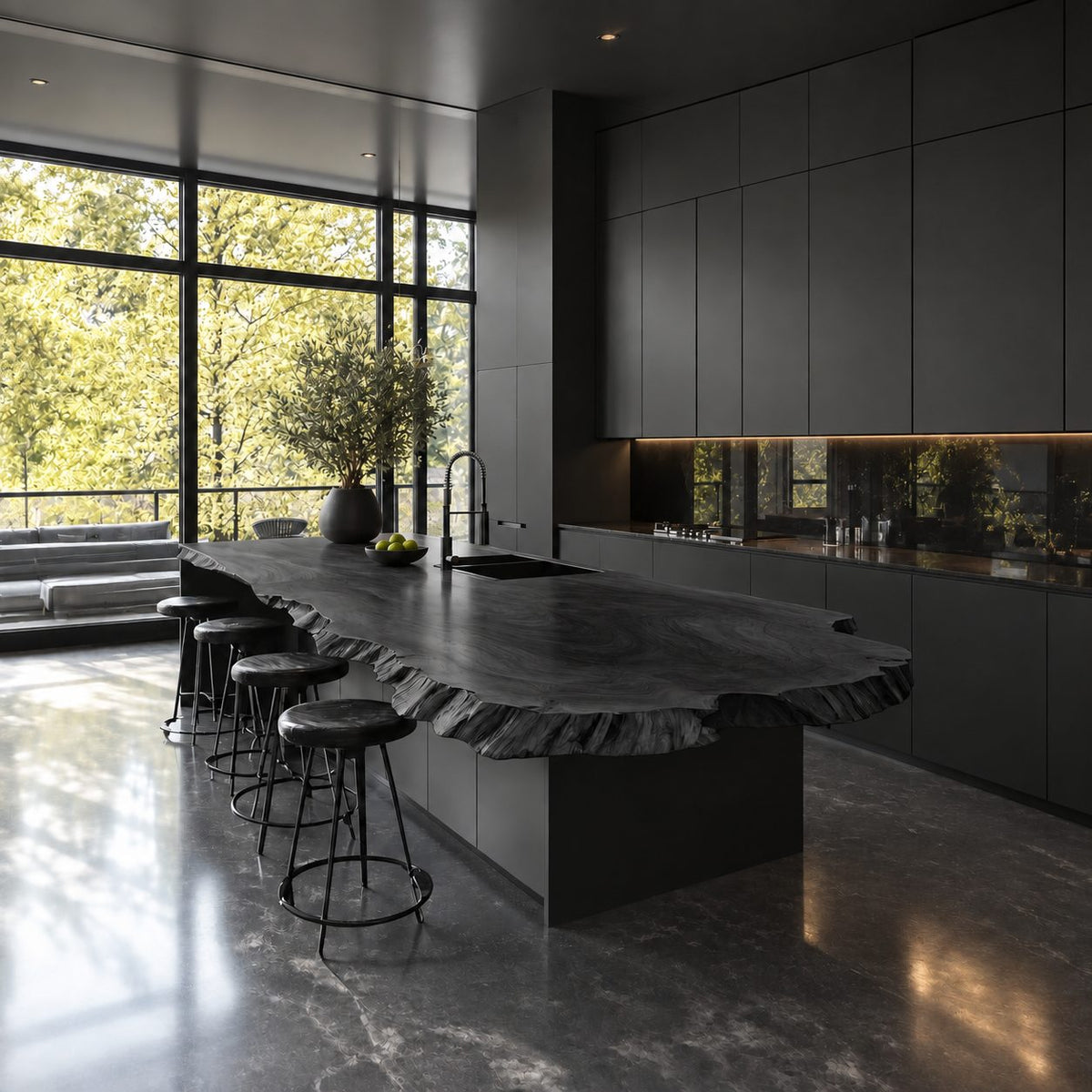 Rippled Bark Edge Kitchen Island Countertop, Long Rounded Solid Wood Slab Top with Natural Edge, 47-100 Inch