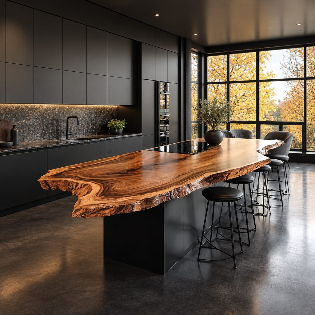 Flame Grain Live Edge Kitchen Island Slab, Curving Solid Wood Countertop with Natural Edge, 47-100 Inch