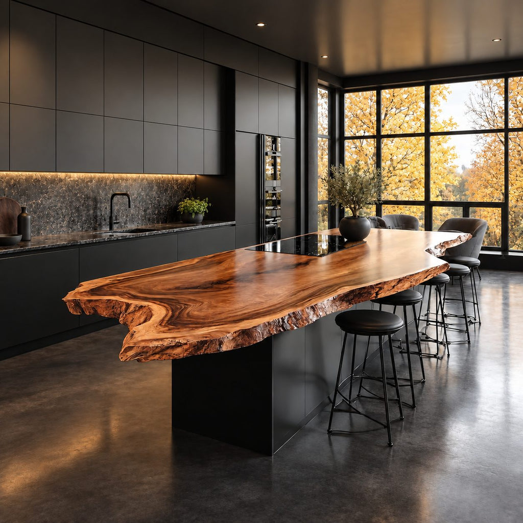 Flame Grain Live Edge Kitchen Island Slab, Curving Solid Wood Countertop with Natural Edge, 47-100 Inch