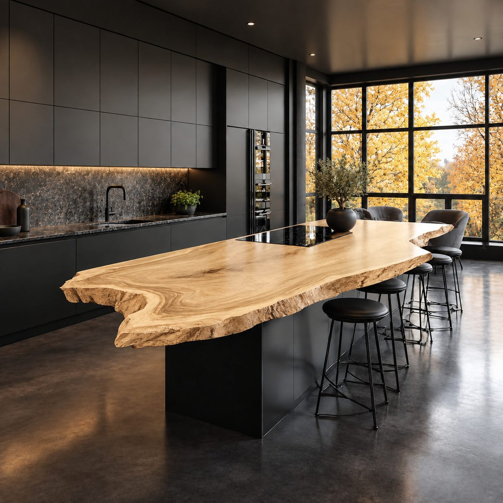 Flame Grain Live Edge Kitchen Island Slab, Curving Solid Wood Countertop with Natural Edge, 47-100 Inch