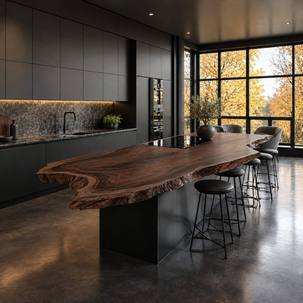 Flame Grain Live Edge Kitchen Island Slab, Curving Solid Wood Countertop with Natural Edge, 47-100 Inch
