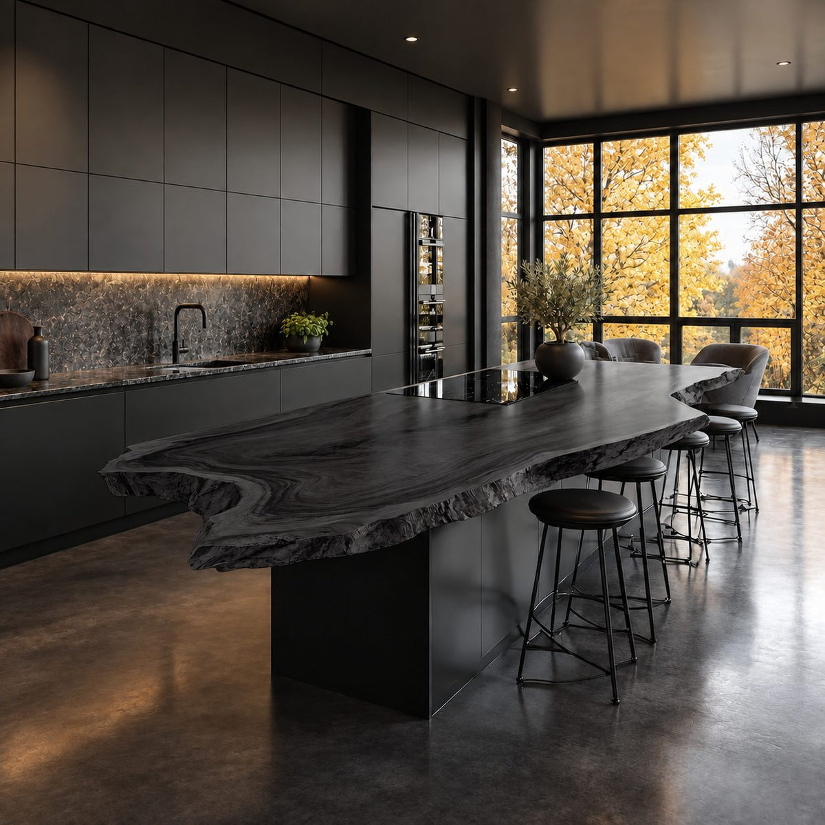 Flame Grain Live Edge Kitchen Island Slab, Curving Solid Wood Countertop with Natural Edge, 47-100 Inch
