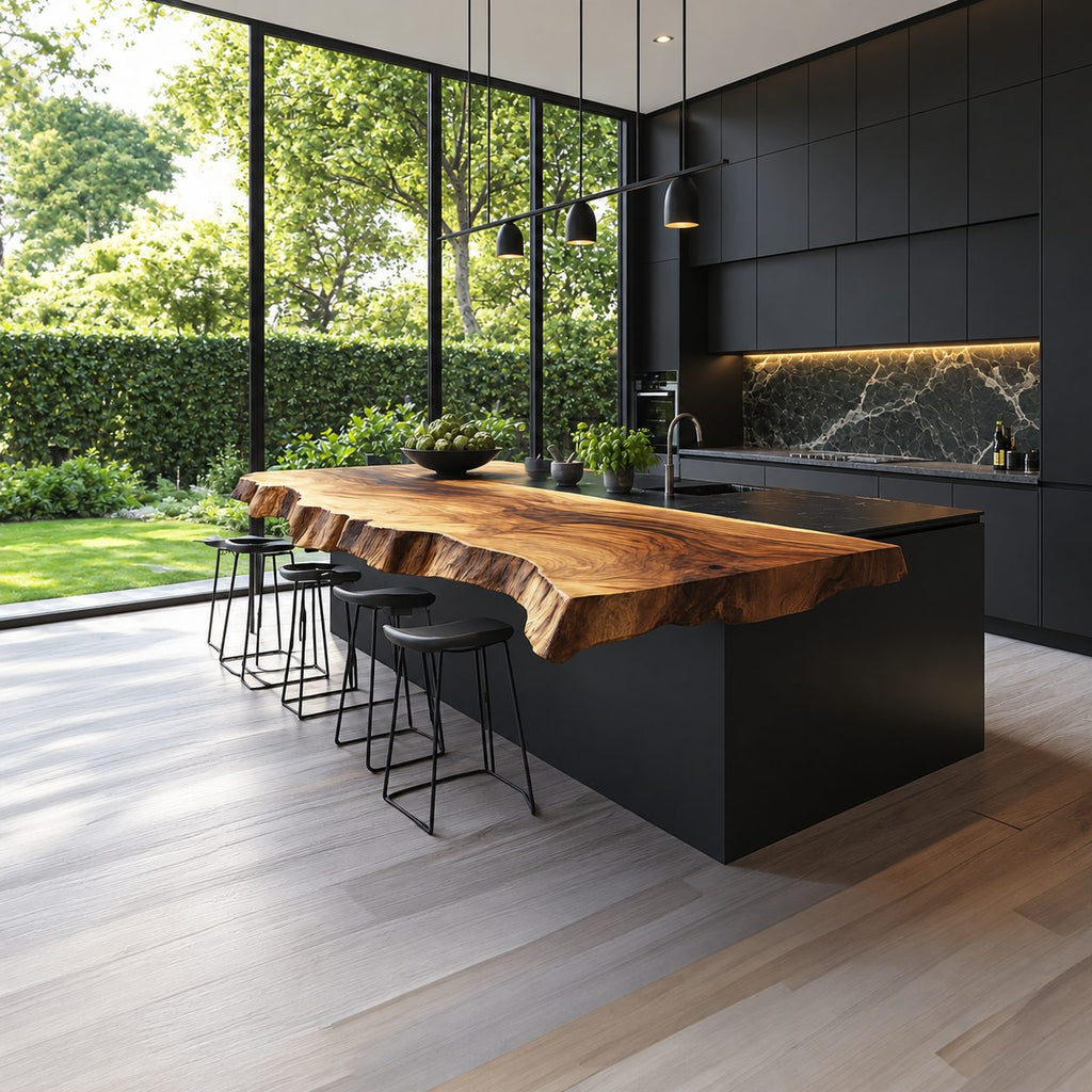 Sculptural Thick Edge Kitchen Island Top, Hand-Chiseled Live Edge Solid Wood Bar Slab, 47-100 Inch