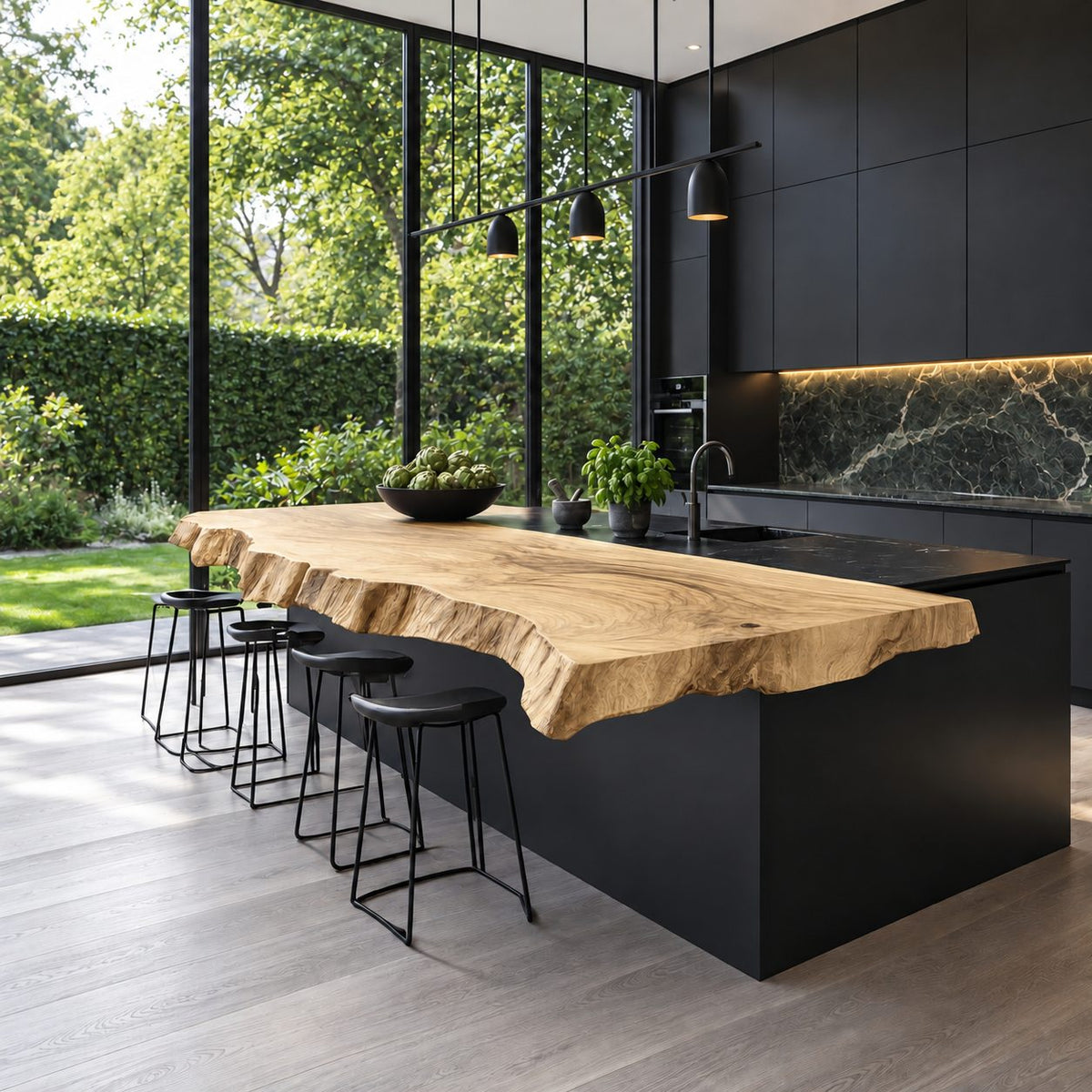 Sculptural Thick Edge Kitchen Island Top, Hand-Chiseled Live Edge Solid Wood Bar Slab, 47-100 Inch