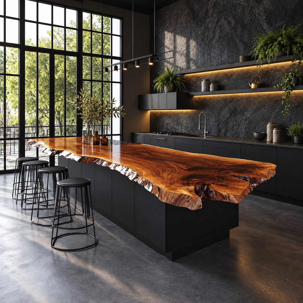 Jagged Natural Edge Island Countertop, Long Live Edge Solid Wood Slab for Chef Kitchen, 47-100 Inch