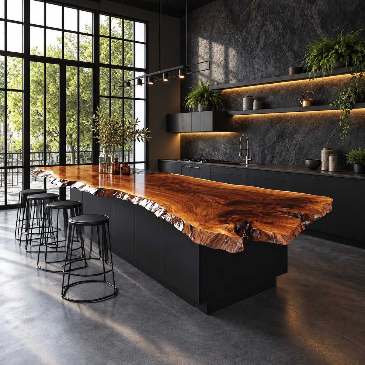 Jagged Natural Edge Island Countertop, Long Live Edge Solid Wood Slab for Chef Kitchen, 47-100 Inch