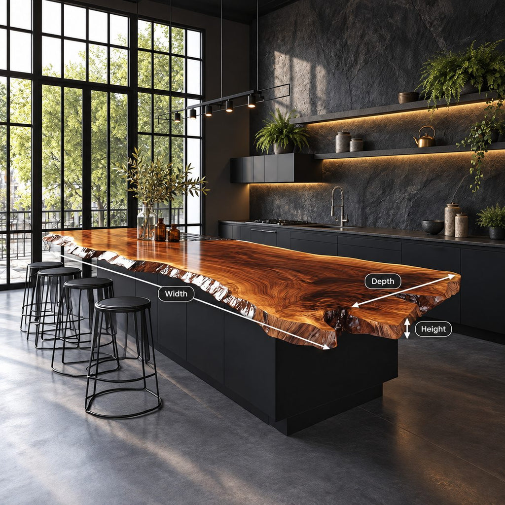 Jagged Natural Edge Island Countertop, Long Live Edge Solid Wood Slab for Chef Kitchen, 47-100 Inch