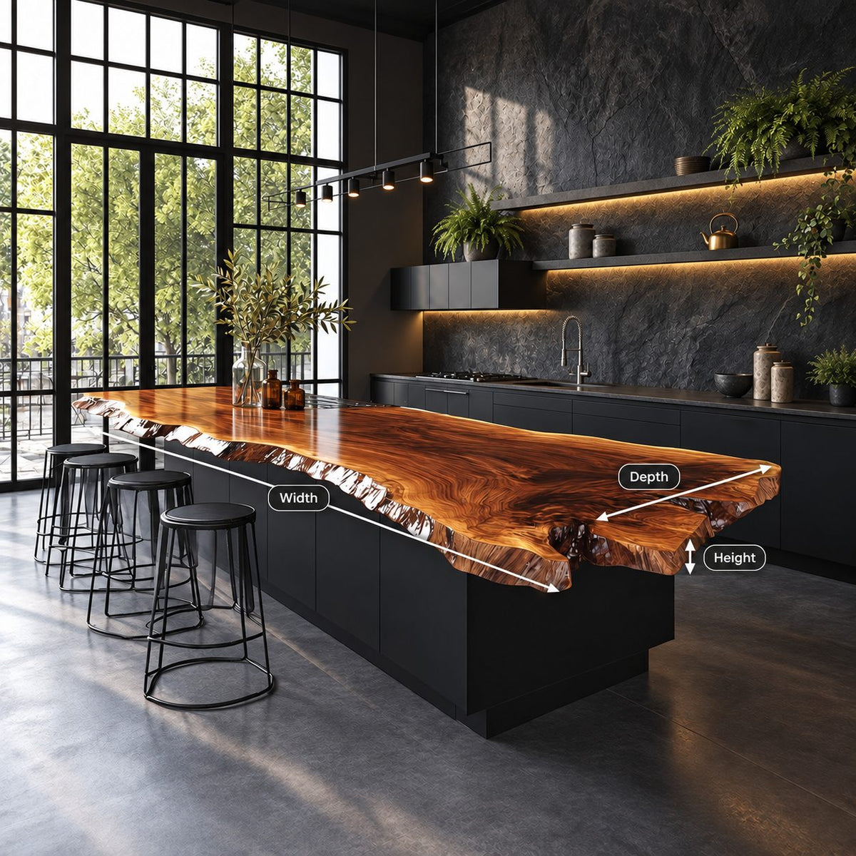 Jagged Natural Edge Island Countertop, Long Live Edge Solid Wood Slab for Chef Kitchen, 47-100 Inch