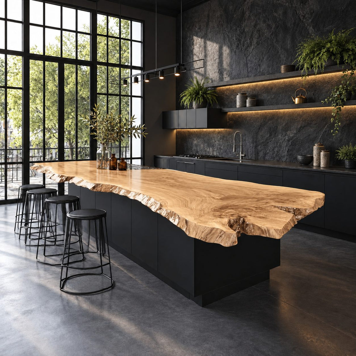 Jagged Natural Edge Island Countertop, Long Live Edge Solid Wood Slab for Chef Kitchen, 47-100 Inch