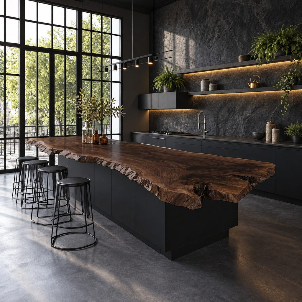 Jagged Natural Edge Island Countertop, Long Live Edge Solid Wood Slab for Chef Kitchen, 47-100 Inch