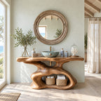 Sculptural Bathroom Vanity 30-80 Inch, Organic Curved Wood Base with Open Shelf and Live Edge Top