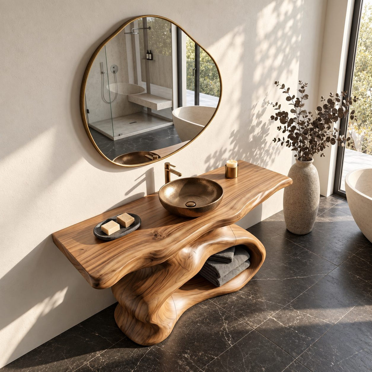Sculptural Bathroom Vanity 30-80 Inch, Organic Curved Wood Base with Open Shelf and Live Edge Top