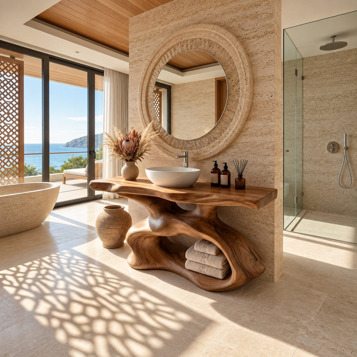 Sculptural Bathroom Vanity 30-80 Inch, Organic Curved Wood Base with Open Shelf and Live Edge Top