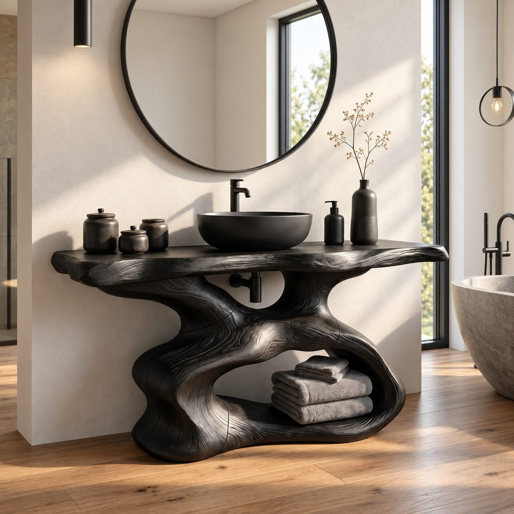 Sculptural Bathroom Vanity 30-80 Inch, Organic Curved Wood Base with Open Shelf and Live Edge Top