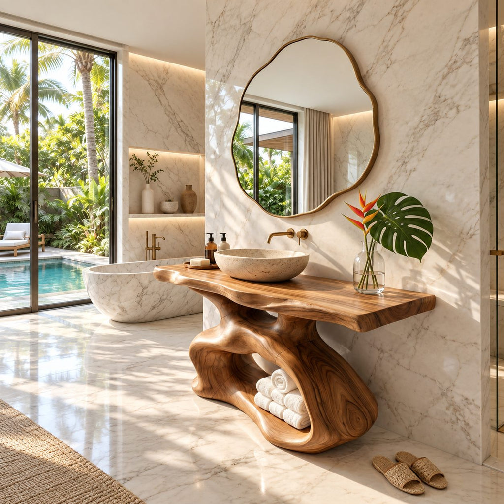 Sculptural Bathroom Vanity 30-80 Inch, Organic Curved Wood Base with Open Shelf and Live Edge Top