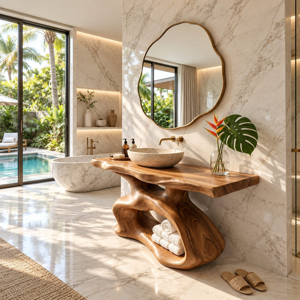 Sculptural Bathroom Vanity 30-80 Inch, Organic Curved Wood Base with Open Shelf and Live Edge Top