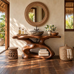 Sculptural Bathroom Vanity 30-80 Inch, Organic Curved Wood Base with Open Shelf and Live Edge Top