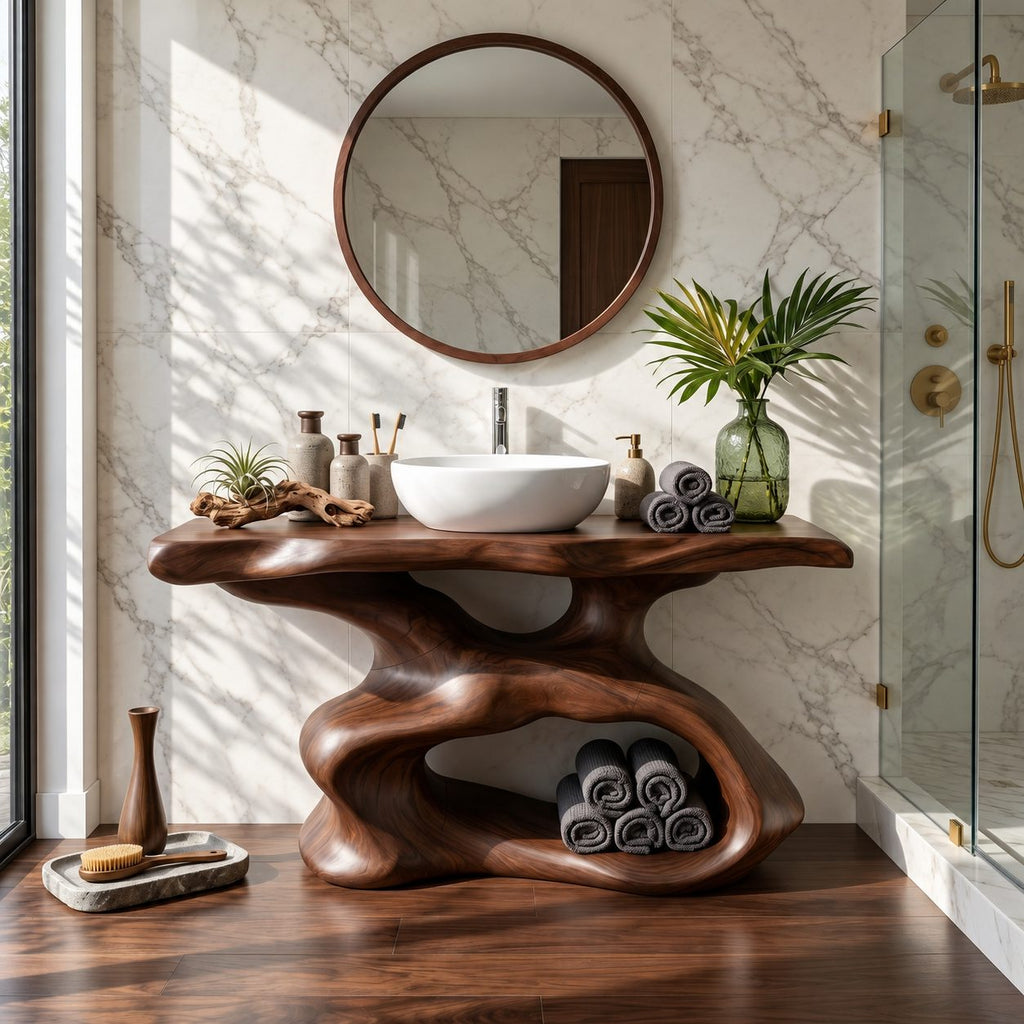 Sculptural Bathroom Vanity 30-80 Inch, Organic Curved Wood Base with Open Shelf and Live Edge Top