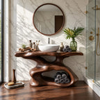 Sculptural Bathroom Vanity 30-80 Inch, Organic Curved Wood Base with Open Shelf and Live Edge Top