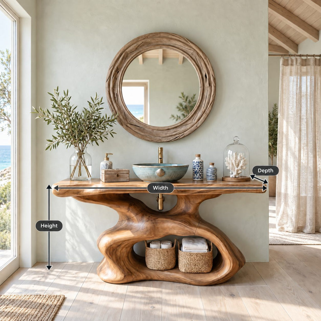 Sculptural Bathroom Vanity 30-80 Inch, Organic Curved Wood Base with Open Shelf and Live Edge Top