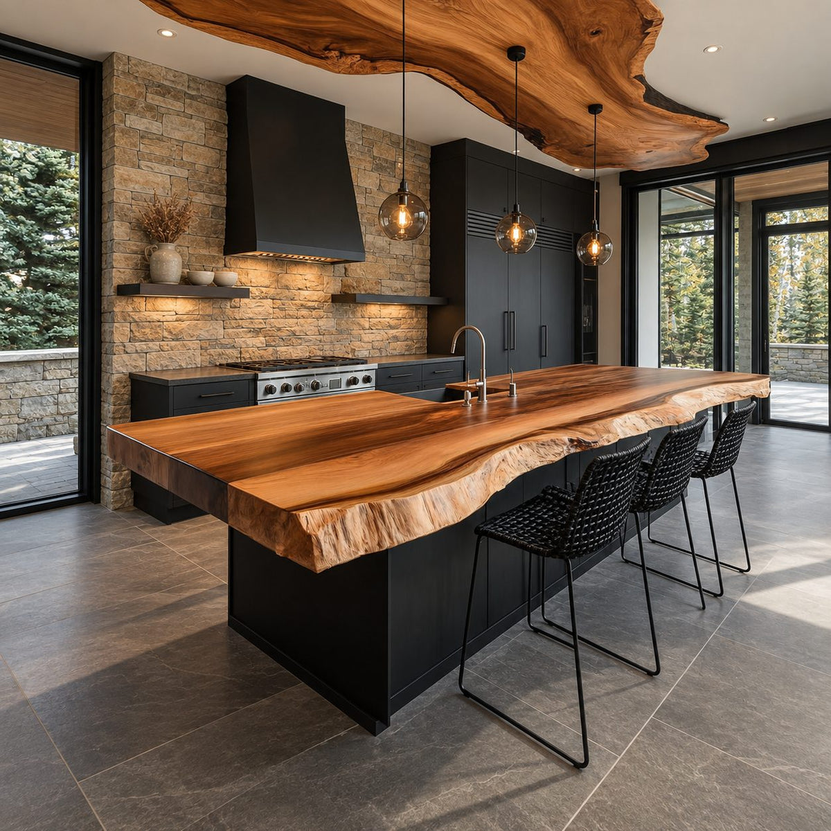 Thick Plank Live Edge Island Countertop, Straight Back Solid Wood Slab with Natural Front Edge, 47-100 Inch