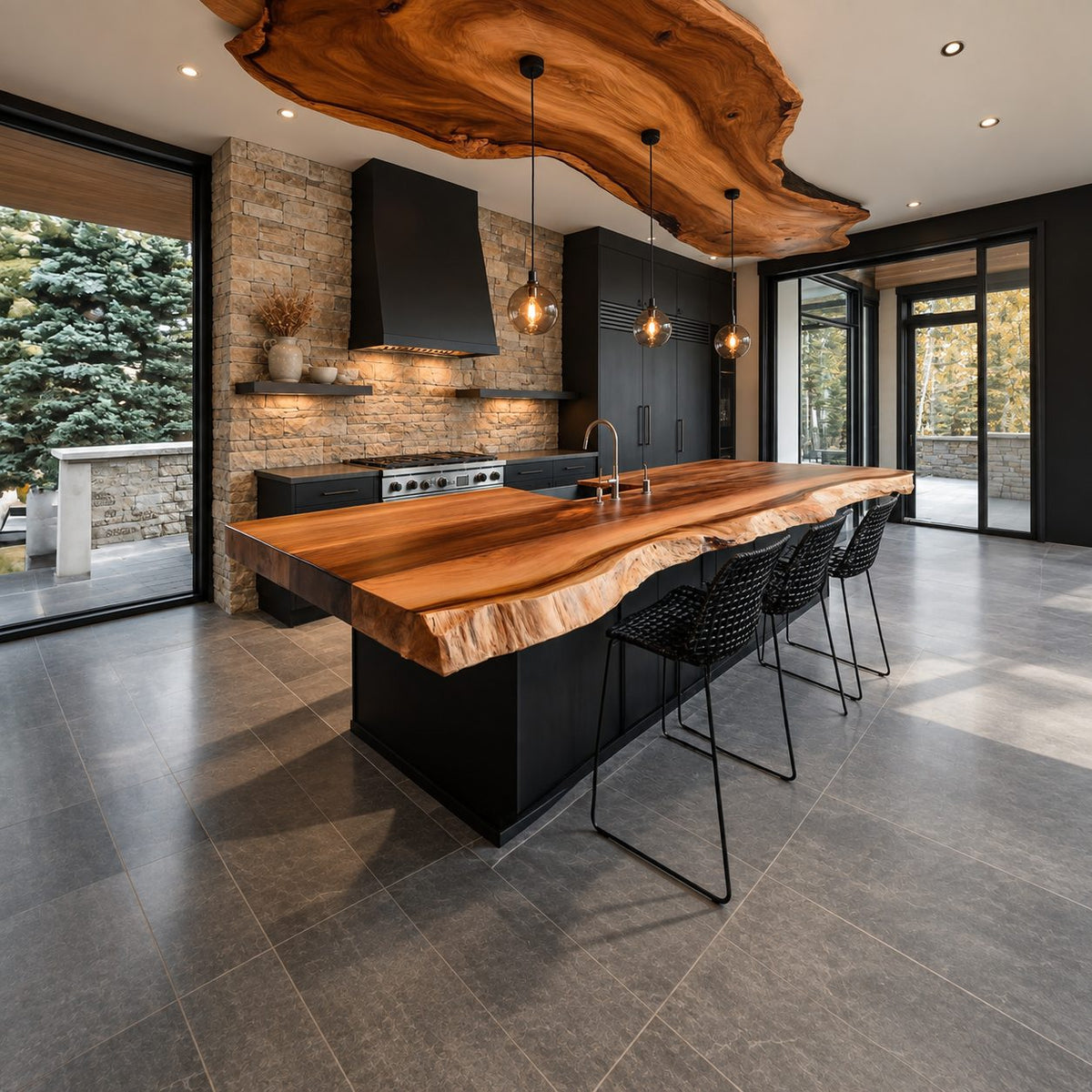 Thick Plank Live Edge Island Countertop, Straight Back Solid Wood Slab with Natural Front Edge, 47-100 Inch