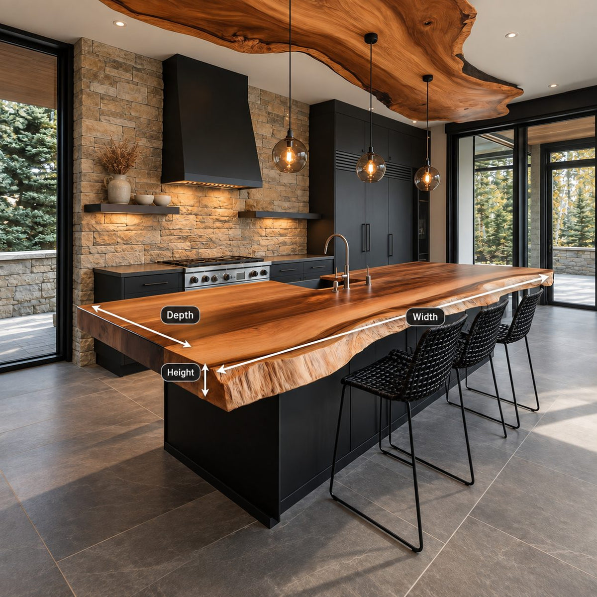 Thick Plank Live Edge Island Countertop, Straight Back Solid Wood Slab with Natural Front Edge, 47-100 Inch