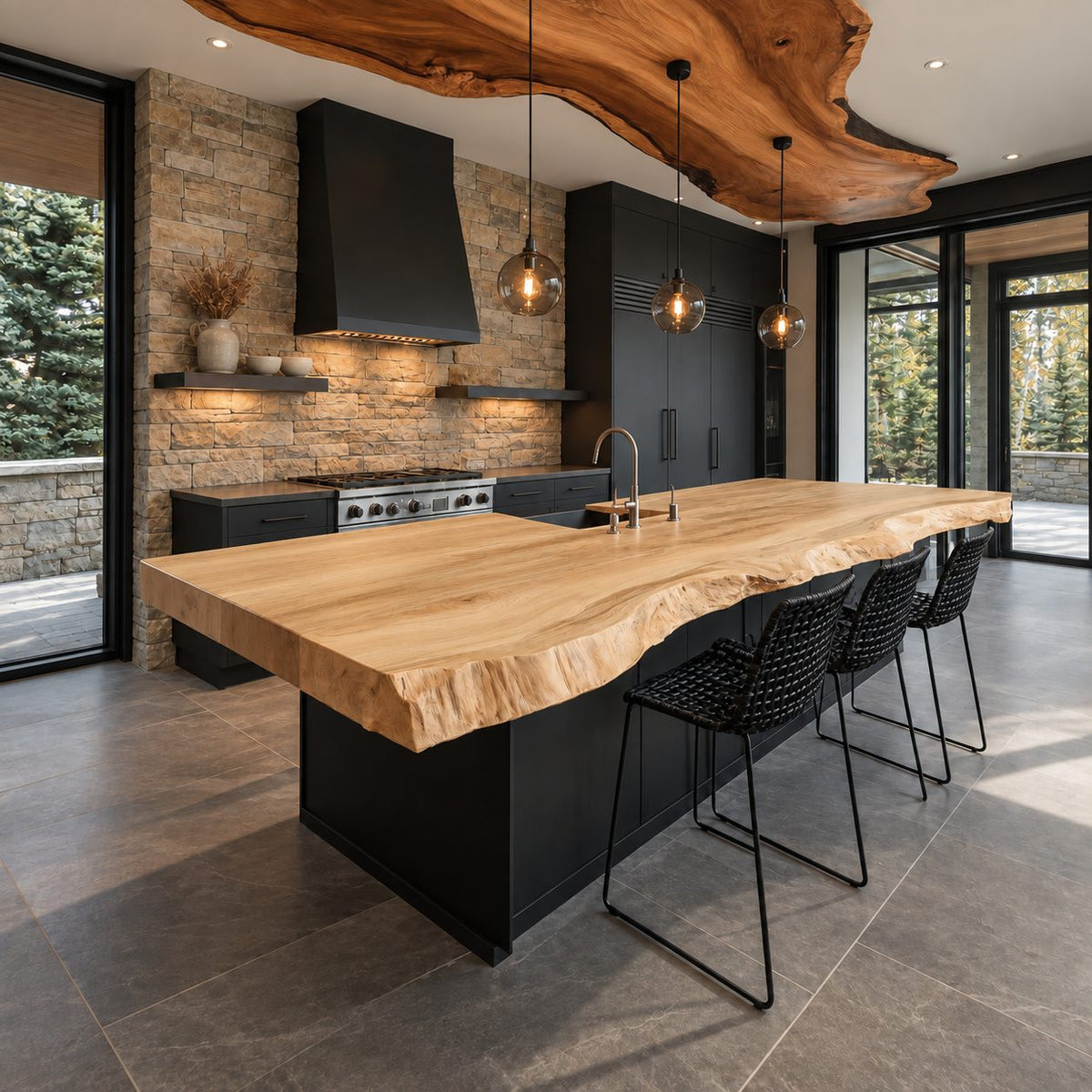 Thick Plank Live Edge Island Countertop, Straight Back Solid Wood Slab with Natural Front Edge, 47-100 Inch