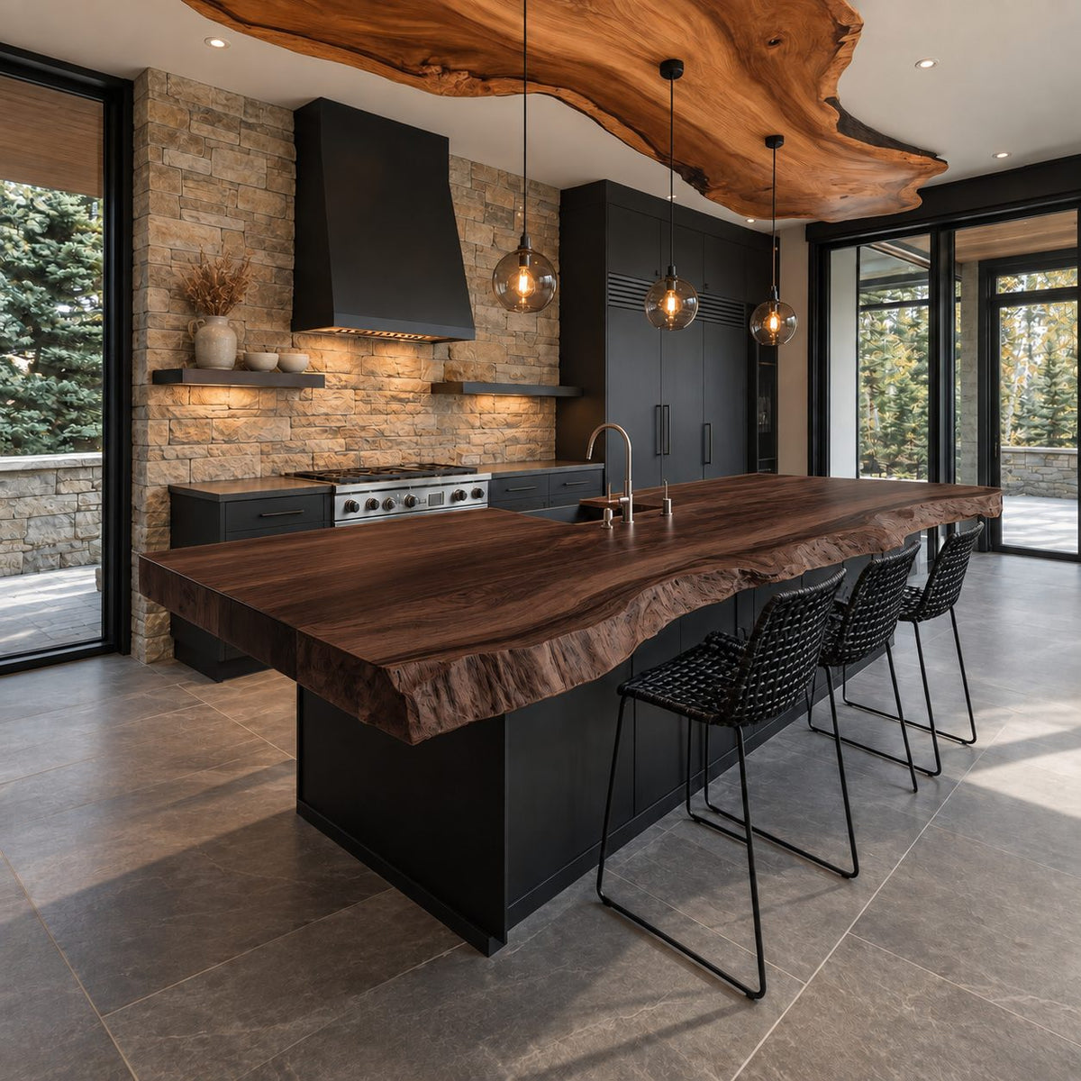 Thick Plank Live Edge Island Countertop, Straight Back Solid Wood Slab with Natural Front Edge, 47-100 Inch