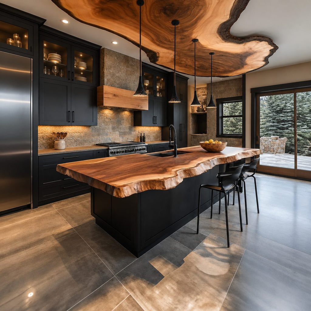 Undulating Edge Kitchen Island Top, Live Edge Solid Wood Countertop for Rustic Lodge Kitchen, 47-100 Inch