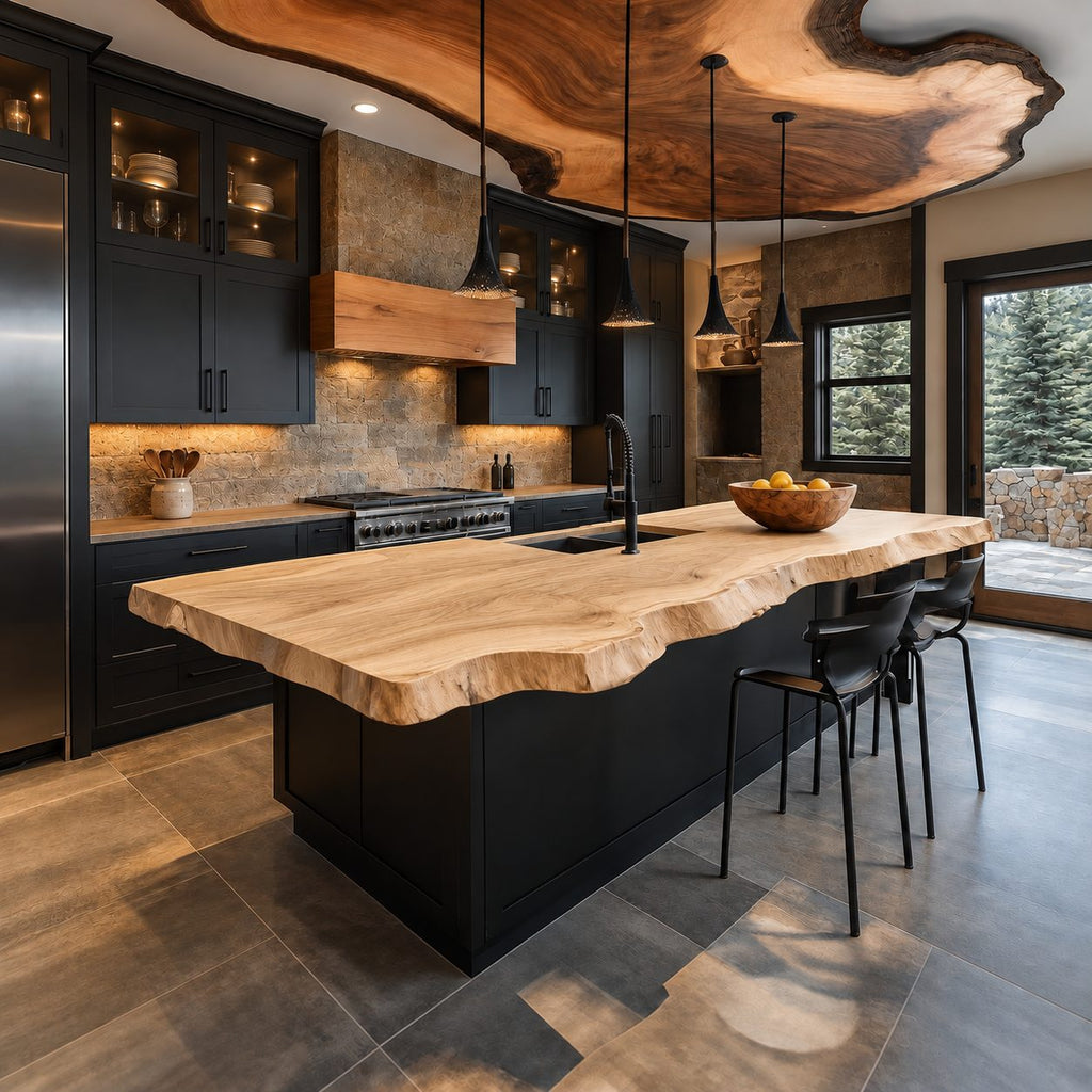 Undulating Edge Kitchen Island Top, Live Edge Solid Wood Countertop for Rustic Lodge Kitchen, 47-100 Inch