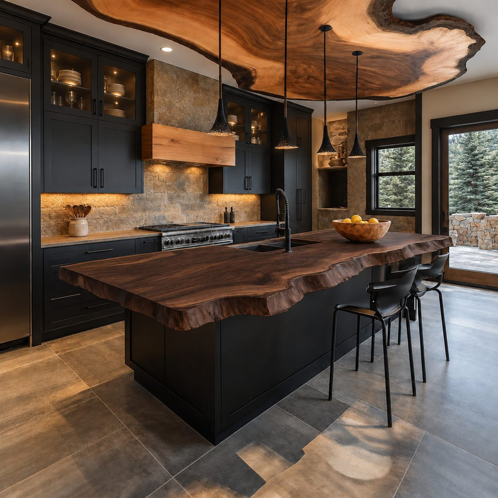 Undulating Edge Kitchen Island Top, Live Edge Solid Wood Countertop for Rustic Lodge Kitchen, 47-100 Inch